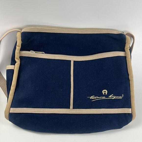 Vintage Etienne Aigner blue Large Shoulder Bag Canvas Tan - Picture 11 of 11